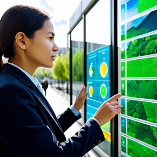 Home 25 A professional female environmental engineer in a modest business suit, standing in a vibrant, eco-friendly urban landscape. She is looking intently at a transparent holographic display showcasing real-time environmental data, such as air quality maps and resource consumption metrics. The city features lush vertical gardens, efficient integrated public transportation, and well-maintained urban parks. The scene is bathed in natural daylight, emphasizing cleanliness and modernity. This is a professional photography shot, high quality, with cinematic lighting, perfect anatomy, correct proportions, natural pose, well-formed hands, proper finger count, natural body proportions, safe for work, appropriate content, fully clothed, professional.