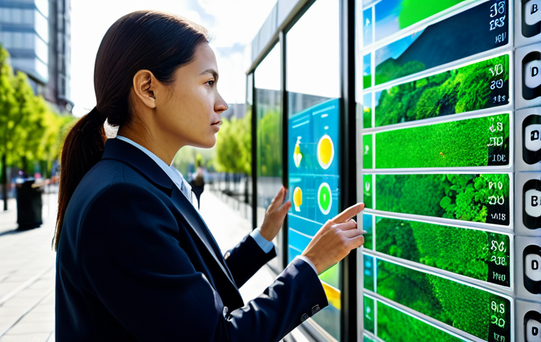 A professional female environmental engineer in a modest business suit, standing in a vibrant, eco-friendly urban landscape. She is looking intently at a transparent holographic display showcasing real-time environmental data, such as air quality maps and resource consumption metrics. The city features lush vertical gardens, efficient integrated public transportation, and well-maintained urban parks. The scene is bathed in natural daylight, emphasizing cleanliness and modernity. This is a professional photography shot, high quality, with cinematic lighting, perfect anatomy, correct proportions, natural pose, well-formed hands, proper finger count, natural body proportions, safe for work, appropriate content, fully clothed, professional.