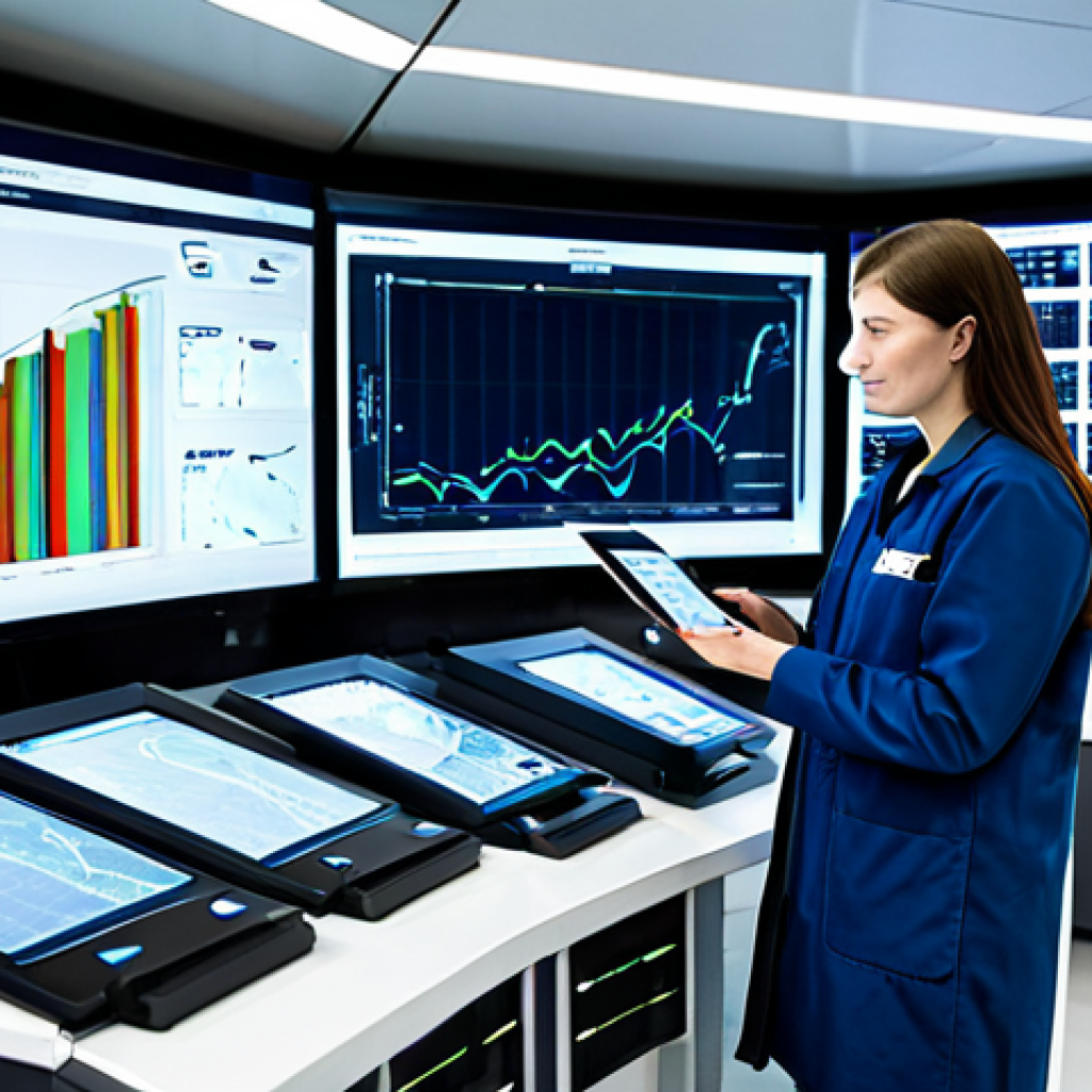 A professional environmental engineer, fully clothed in a modest, dark blue lab coat, stands in a modern, brightly lit environmental monitoring control room. Multiple large, futuristic display screens behind them show intricate real-time data visualizations: clean air quality graphs, precise water purity readings, and dynamic climate prediction models. The engineer is looking at one of the screens with a focused, analytical expression, holding a tablet displaying more detailed sensor data. The room is sleek and organized, emphasizing advanced technology and environmental responsibility. professional photography, high detail, realistic, perfect anatomy, correct proportions, natural pose, well-formed hands, proper finger count, natural body proportions, safe for work, appropriate content, fully clothed, professional dress, family-friendly.