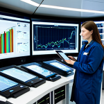 A professional environmental engineer, fully clothed in a modest, dark blue lab coat, stands in a modern, brightly lit environmental monitoring control room. Multiple large, futuristic display screens behind them show intricate real-time data visualizations: clean air quality graphs, precise water purity readings, and dynamic climate prediction models. The engineer is looking at one of the screens with a focused, analytical expression, holding a tablet displaying more detailed sensor data. The room is sleek and organized, emphasizing advanced technology and environmental responsibility. professional photography, high detail, realistic, perfect anatomy, correct proportions, natural pose, well-formed hands, proper finger count, natural body proportions, safe for work, appropriate content, fully clothed, professional dress, family-friendly.