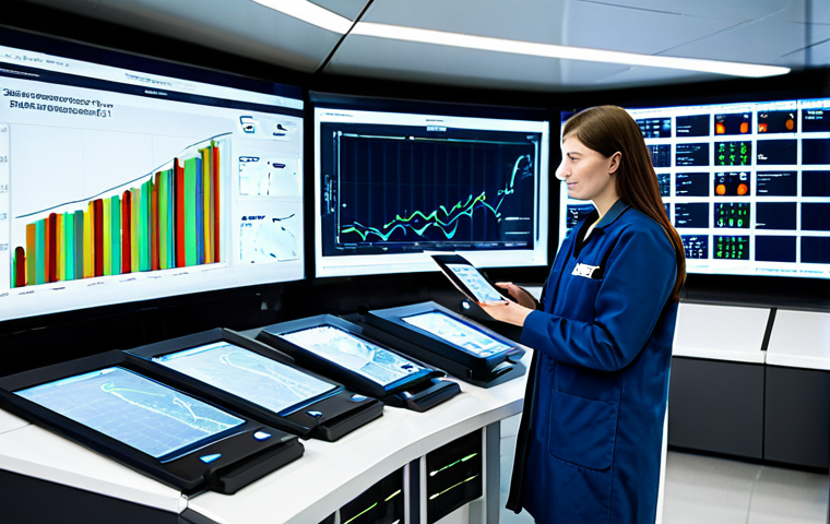 A professional environmental engineer, fully clothed in a modest, dark blue lab coat, stands in a modern, brightly lit environmental monitoring control room. Multiple large, futuristic display screens behind them show intricate real-time data visualizations: clean air quality graphs, precise water purity readings, and dynamic climate prediction models. The engineer is looking at one of the screens with a focused, analytical expression, holding a tablet displaying more detailed sensor data. The room is sleek and organized, emphasizing advanced technology and environmental responsibility. professional photography, high detail, realistic, perfect anatomy, correct proportions, natural pose, well-formed hands, proper finger count, natural body proportions, safe for work, appropriate content, fully clothed, professional dress, family-friendly.