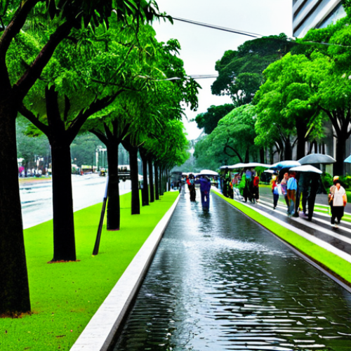 Home 23 Urban Water Management**
"A bustling Curitiba city street scene after a rain shower. Focus on a well-maintained linear park alongside a river, showcasing infrastructure that manages stormwater effectively. Lush green vegetation, fully clothed pedestrians with umbrellas, clear skies peeking through. Safe for work, appropriate content, professional photograph, perfect anatomy, natural proportions, family-friendly, showcasing sustainable urban design."
**