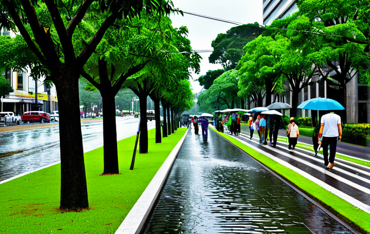 Urban Water Management**

"A bustling Curitiba city street scene after a rain shower. Focus on a well-maintained linear park alongside a river, showcasing infrastructure that manages stormwater effectively. Lush green vegetation, fully clothed pedestrians with umbrellas, clear skies peeking through. Safe for work, appropriate content, professional photograph, perfect anatomy, natural proportions, family-friendly, showcasing sustainable urban design."

**