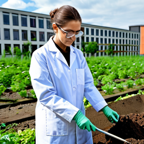 Home 12 Soil Sampling in an Industrial Area**
"A female environmental scientist in a fully clothed lab coat and safety glasses, collecting a soil sample in a revitalized industrial area. Background shows a mix of green vegetation and modern buildings. Focus on proper technique and equipment. Safe for work, appropriate content, fully clothed, professional, perfect anatomy, natural pose, high quality."
**