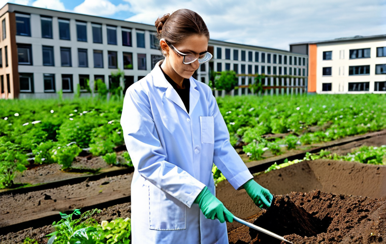 Soil Sampling in an Industrial Area**

"A female environmental scientist in a fully clothed lab coat and safety glasses, collecting a soil sample in a revitalized industrial area. Background shows a mix of green vegetation and modern buildings. Focus on proper technique and equipment. Safe for work, appropriate content, fully clothed, professional, perfect anatomy, natural pose, high quality."

**