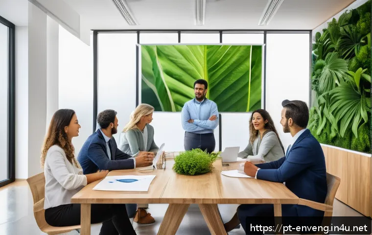 사회적 책임과 환경공학 - A modern Brazilian corporate office with a diverse team of professionals actively engaged in an envi...