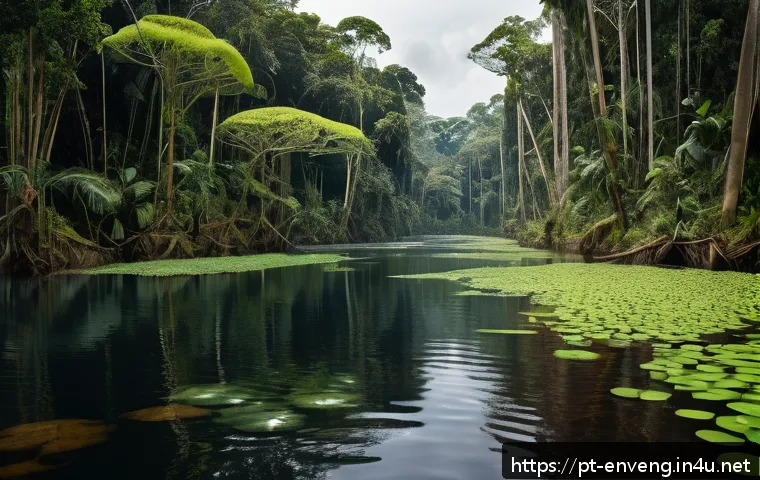 환경 데이터 분석 및 모델링 - A detailed scene of a dense Brazilian Amazon rainforest monitored by advanced environmental sensors ...