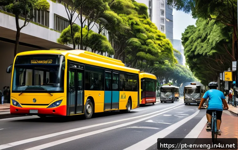 환경 공학과 기후변화 - A vibrant urban street scene in a Brazilian city like São Paulo featuring a dedicated bike lane bust...