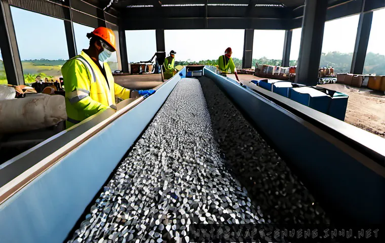 Home 17 자원 회수 기술 - Photorealistic modern resource recovery facility in Brazil, diverse workers in clean safety gear sor...