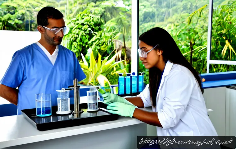 Home 17 환경공학 실험 - Photorealistic environmental engineering laboratory in Brazil, diverse adult researchers wearing whi...