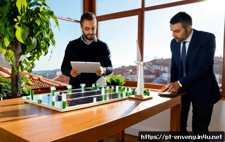 Home 17 그린테크 및 환경 기업 - Photorealistic modern green technology company workspace in Lisbon, Portugal, diverse engineers revi...